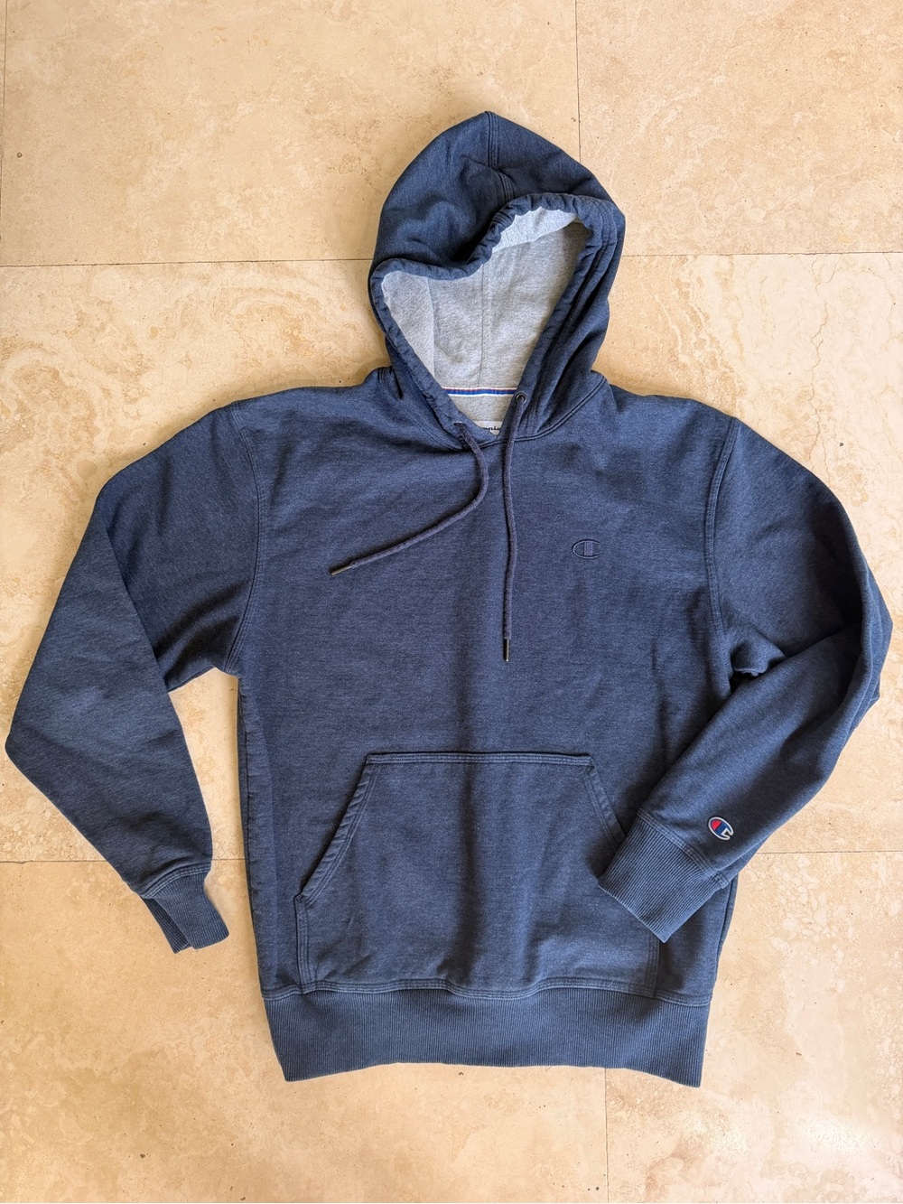 Champion Powerblend Fleece Pullover Hoodie Blue Gray Contrast Liner Medium GUC